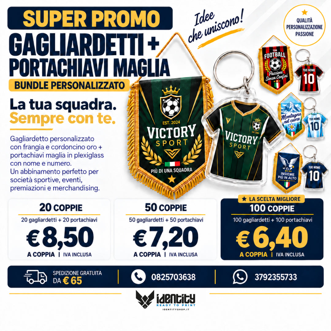 Promo gagliardetto pentagonale 26x35 cm + portachiavi maglia plexiglass