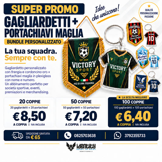 Promo gagliardetto pentagonale 26x35 cm + portachiavi maglia plexiglass
