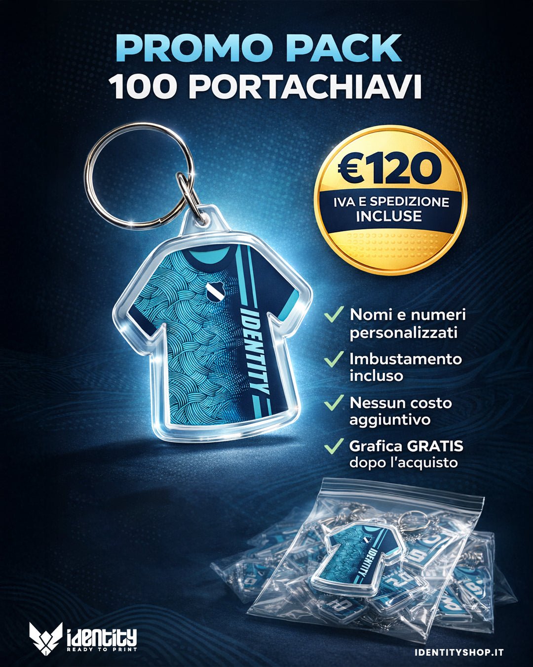 Promo pack 100 portachiavi personalizzati maglia in plexiglass - Identity SRLs